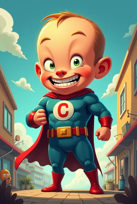  Create a superhero called Captain Head,  he has a huge head very very big and gigantic, Silly face  , single uniform with the letter C on it