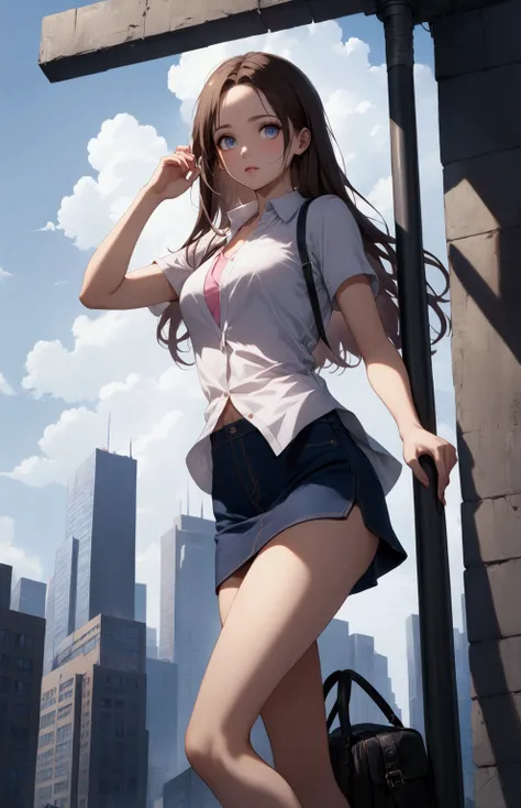 college woman, standing posed, near pole, skyscraper on background, at evening, (+forehead, dark-brown long straight hair), wears white shirt (+short sleeves shirt, collared shirt, open shirt, exposed pink sleeveless round neck undershirt), navy-blue denim...