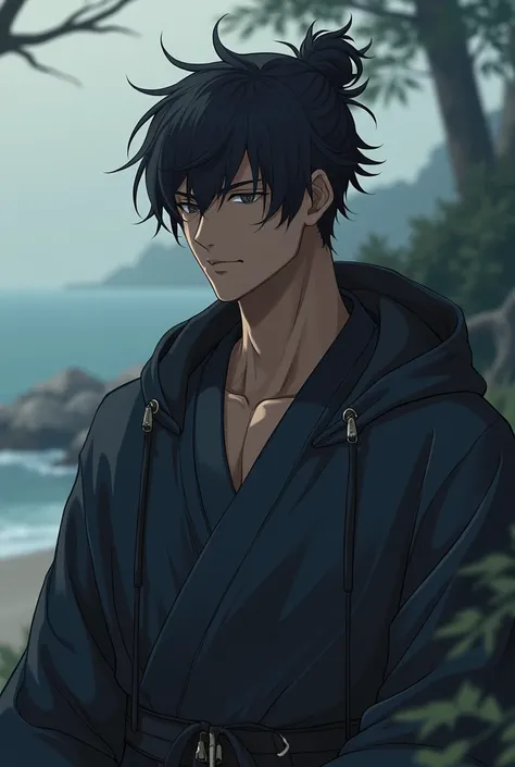 a relaxed dark male anime character
