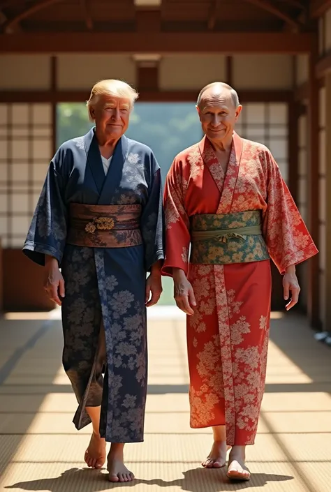 Trump and Putin wear yukata、Japanese Ryokan、Walking the hallway、Good friends、 smiles、 looking at camera