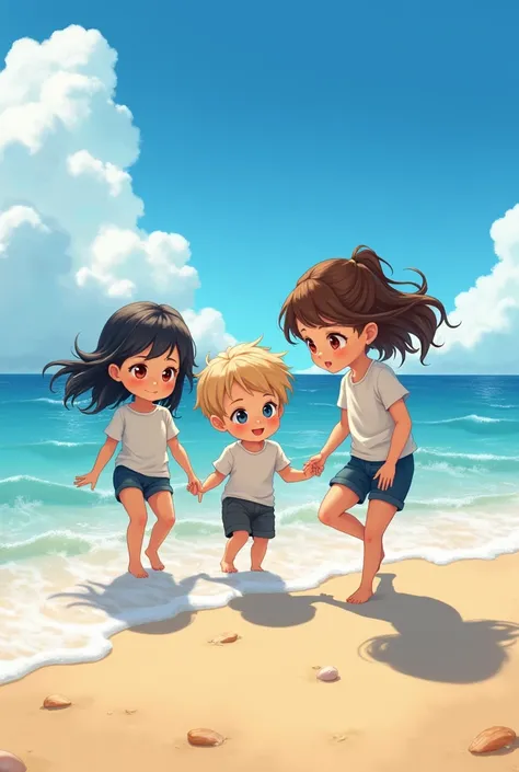  Image of triplet brothers where they are two girls with brown hair and brown eyes and a boy with black hair and blue eyes , Who are playing on the shore of a beach 