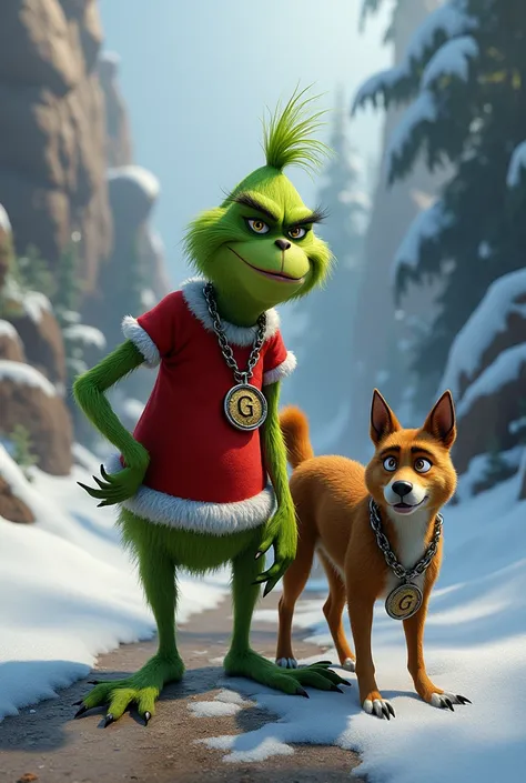 The realistic Grinch with his dog Max and the dog wears a chain around his neck and a medal with the initial letter G and the Grinch also with a medal around his neck and a chain and rocks and snow and trees and a path 