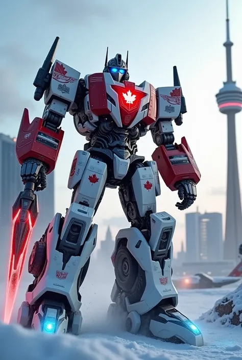 Optimus Prime reimagined as a heroic embodiment of Canada, standing tall on a snowy, futuristic battlefield. His towering robotic frame is a majestic blend of white and red, inspired by the Canadian flag. A glowing maple leaf emblem is proudly displayed on...