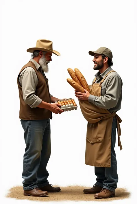 A farmer with a carton of eggs exchanging it with a baker who has a bag of long breads. The background is white.  Hyperrealistic image.