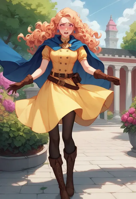 (Nsfw:1.5), top quality, high definition , ultra detail, Arena, have , long hair,Curly Hair, pink eye, earrings,Cape,yellow dress,Short sleeve, gloves,belt, skirt, black pantyhose , boots,Wind lift,,( embarrassing:1.2), outdoor,garden,