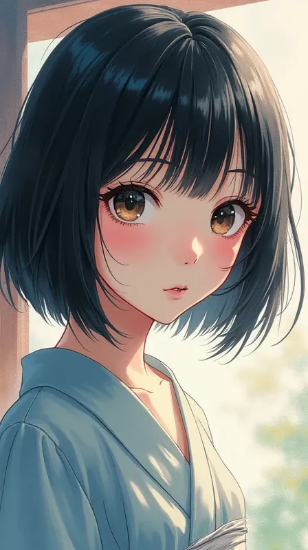 Watercolor style、digitalart、1990s anime style、Black Hair Bob、Japan Beautiful Girl、18year old