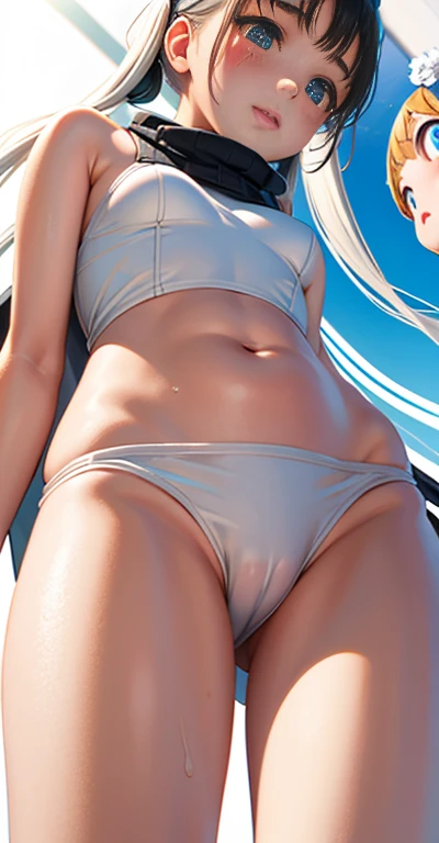 2 girls, face to face, white swim wear, from below, cameltoe, sweat, twintail,