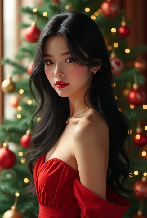 25-year-old woman with black hair and red dress near the Christmas tree realism 