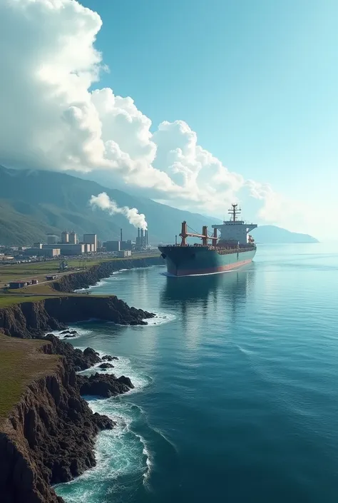  there is an ocean and land, and the sea is on the left and right side of the land . I think it would be nice to have a long horizontal size; .  Theres a big ship floating in the ocean, and theres a factory that makes ships and several petrochemical plants...