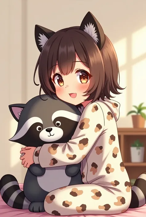 A woman in snow leopard pajamas animated in 2d hugging a plush raccoon in the anime Dragon Ball style 