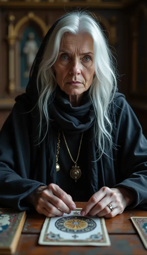 A cinematic photo of an middle age woman with wisdom and mystique reading Tarot cards kept on a table.she has long white hair , She looking to camera wear blak beautiful handcraft  clothes and blue eyes . she wear handcraft scarf partially on hair , she lo...