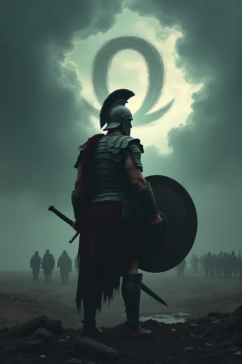  A Spartan with his original helmet , with his sword and Shield , I a warfield at dusk ,  with an apocalyptic and dark atmosphere .  With the feeling of victory even after a great battle sacrifice. With the omega appearing like dark clouds in the sky 