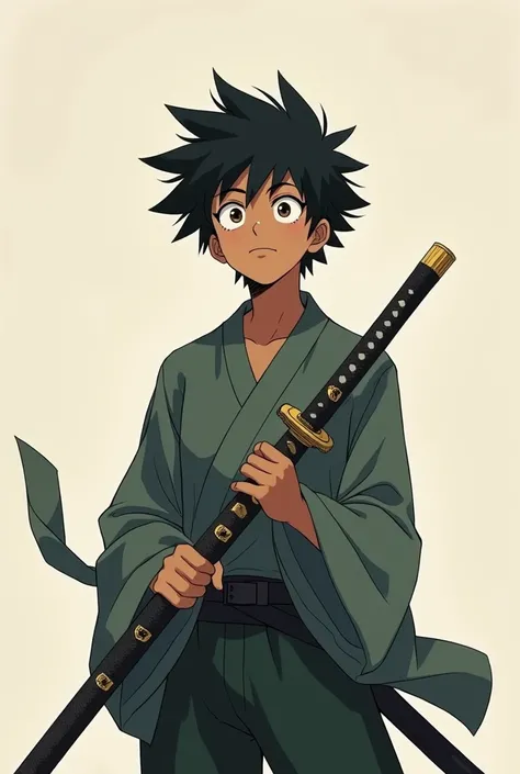 a relaxed dark male anime character similar to Deku happy with a katana