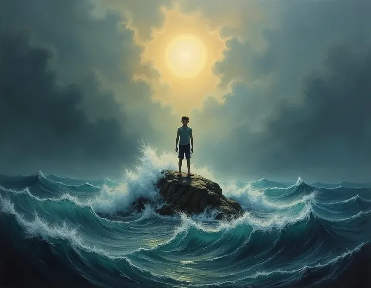 "An oil painting of a young person standing on a small island in the middle of a raging ocean. The island glows softly with warm golden light, contrasting against the deep blues and grays of the stormy water."