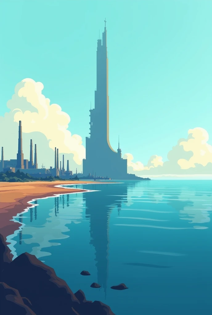  there is an ocean and land, and the sea is on the left and right side of the land . I think it would be nice to have a long horizontal size; .  Theres a big ship floating in the ocean, and theres a factory that makes ships and several petrochemical plants...