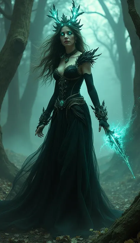 Fantasy, beautiful female, necromancer female, shining eyes, gothic dress, erotic dress, battle, dark theme 