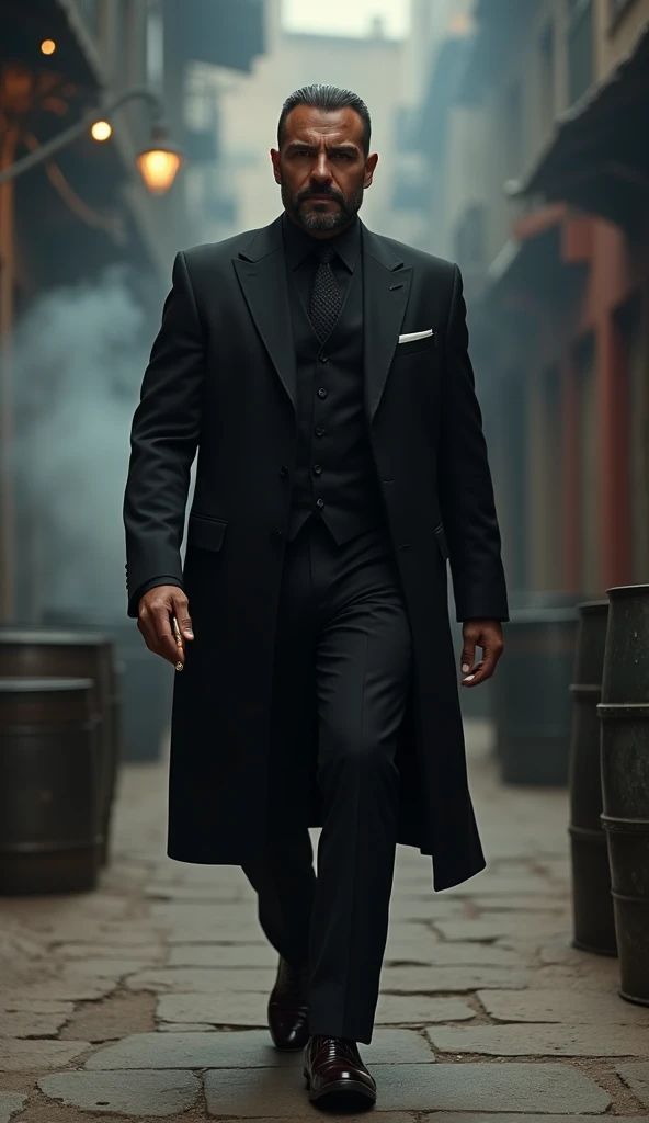 Full-body cinematic shot of a Middle Eastern man with a strong build, walking confidently toward the camera in a luxurious black three-piece suit with a red tie, polished leather shoes, and holding a lit cigar. His expression is firm and intense, with a na...