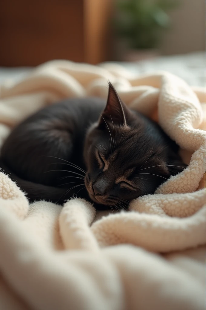 in the center,  there is a small and cute black kitten lying on a bed, Sleeping and covered up  