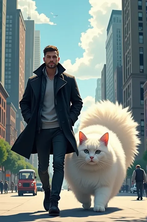 a man dressed in a black jacket and walking along with a very giant angora cat walking together