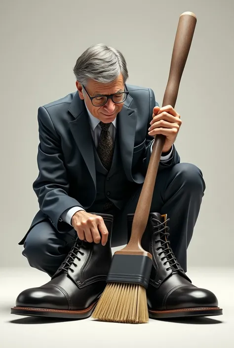 Bill gates polishing big shoes with big brush