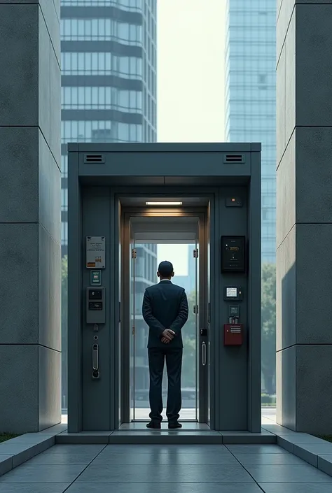 A security guard in a guard house guarding a building