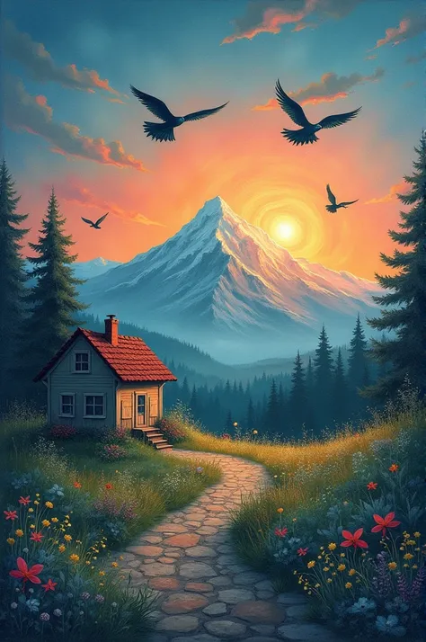 Create chalk drawings. There are birds flying, 1 point of view, there is a mountain, there is a sunrise, there is a small house.