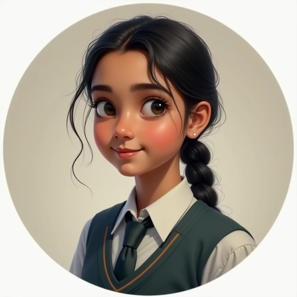 Create a profile picture of a young indian realistic real school girl in circle wearing school tie