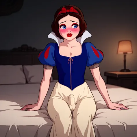 1boy, solo, alone, bed, red lips, brown hair, short hair, spike hair, blue eyes, red eyeshadow, pink blush, pink lips, shy, flat chest, sit on bed, cosplay Snow White , Snow White outfit, bulge small penis under outfit, 