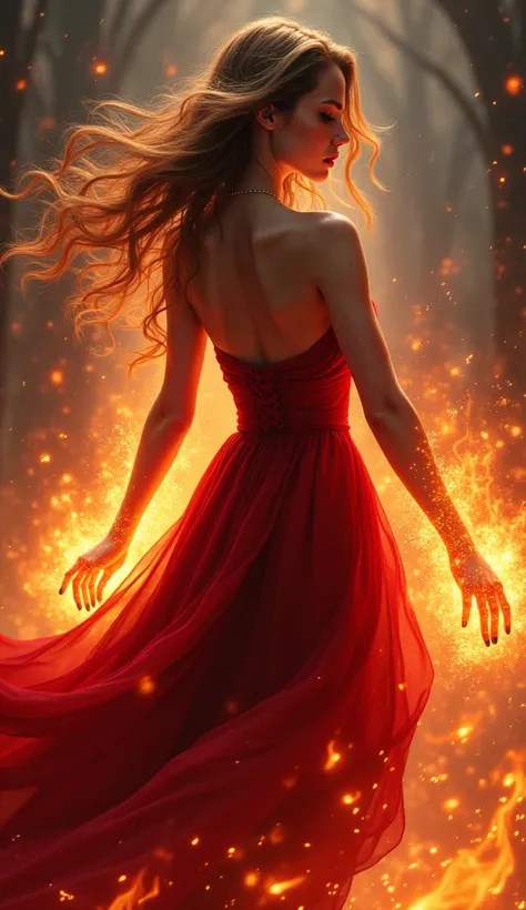 Fantasy, beautiful female, mage female,fire magic ,shining eyes, gothic red dress, erotic dress, battle, 