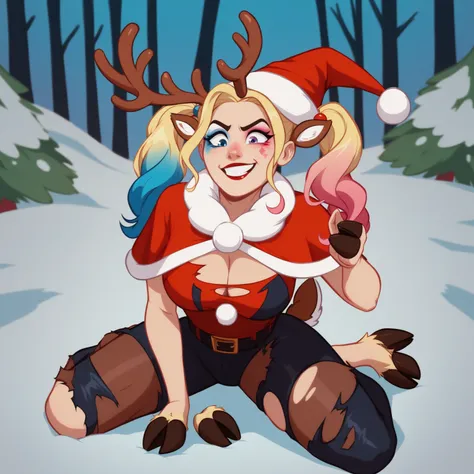 DCs Harley Quinn is being transformed into a reindeer by the power of Christmas, (happy expression, joyful expression, amused expression), ((transformation:1.2)), ((reindeer ears, reindeer tail, reindeer hooves, reindeer antlers, Ms. Santa costume, ripped ...