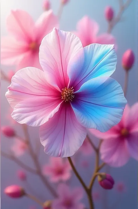 Flower with pink petals except one blueish light vibrant petal 