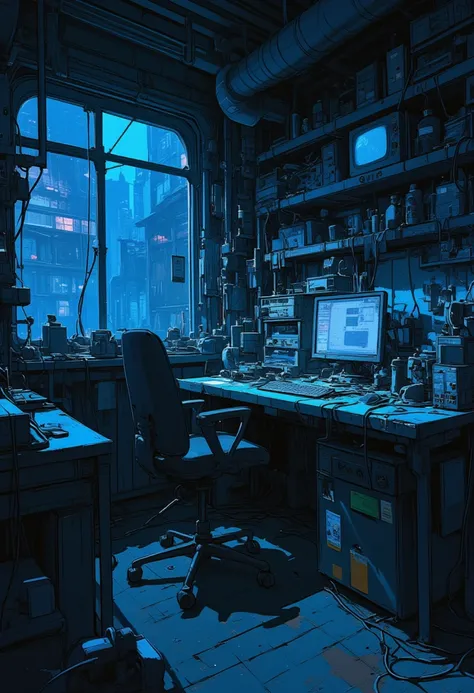  there is a room with a desk ., , There is also a chair .,   Background Art  ,  cyberpunk setting ,  Sci-Fi Room ,   cyberpunk vibe ,    like a cyberpunk workshop,   cyberpunk basement  ,   cyberpunk vibe ,   Cyberpunk interior  , Mysterious Laboratory,   ...