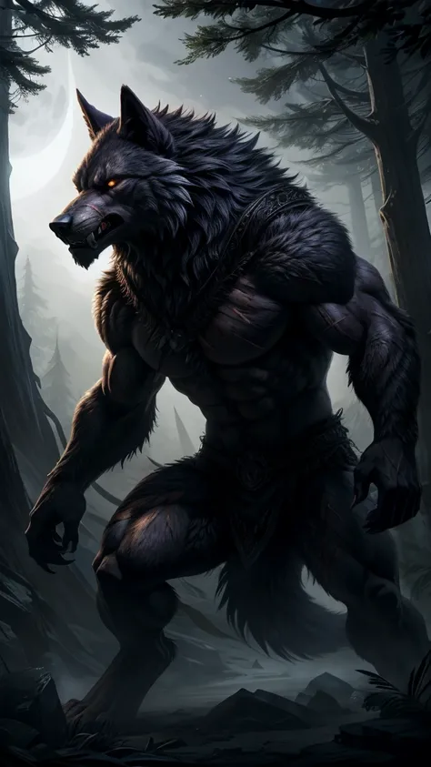 Highly detailed, cinematic, realistic. A towering Garou werewolf from the World of Darkness, exuding primal strength and raw ferocity. Its form is a perfect blend of humanoid and wolf-like features, with a muscular, athletic build covered in sleek, dark fu...