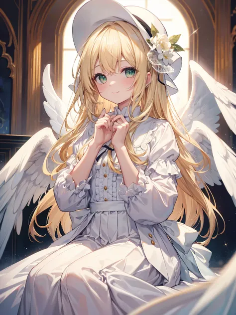  Very long hair 、 blondes、 delicate sparkling eyes、 Green Eyes 、 three pairs of angel wings 、Angel halo on the head , Smile、Awkward、shine、Reflected Light、Film Grain、masterpiece、Texture skin 、 Super detailed 、high detail、 in high quality 、最 in high quality ...