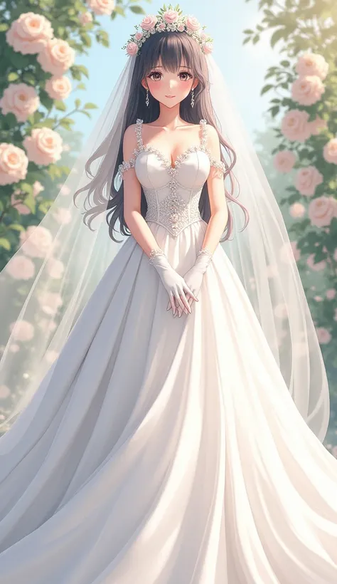  anime girl. 20 years. height 1.7 meters.  Big chest and ass .  Full-length white fluffy wedding dress. Stuff and earrings .  White elbow length gloves .  Full face wedding veil .  Full length from head to toe .