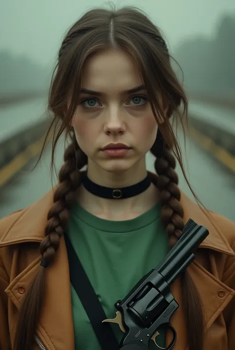 1 person, insane,  Neutral , Funny,  indifferent expression , Russian,  girl ,  straight brown hair ,  Long hair ,  revolver gathered in two braids , insane взгляд,  green eyes , calm,  fair skin ,  pastel warm colors , dressed in a green t-shirt and brown...