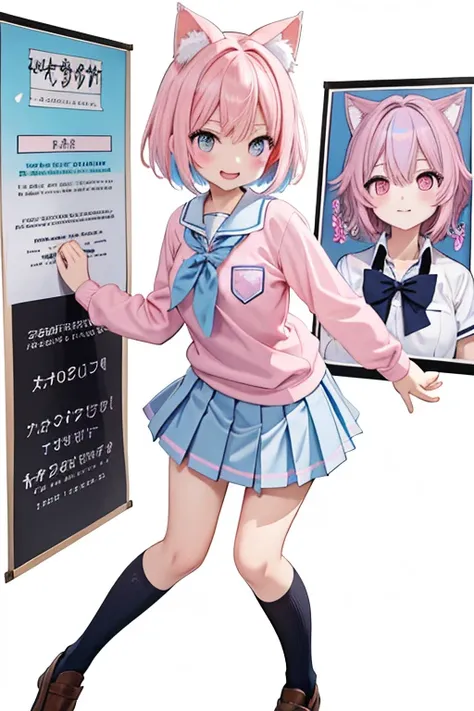 knees to chest, ((pink and light blue)) ((streaked hair)), highlights hair, 1garl, megami magazine, Cat ears、smile、( knockout scene )、 short hair、(Poster style artwork、 school uniform、full body shot
, from front, white background