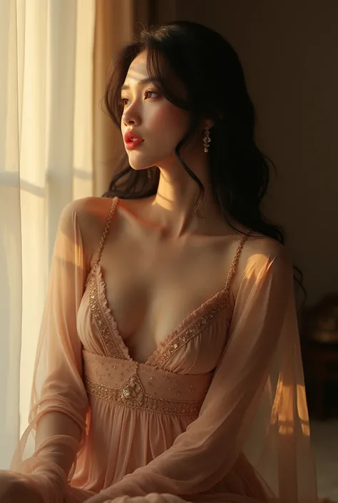 a small-breasted girl, tiny bust. little breasts. young indonesian look, royal concubine. sitting pose . eyes looking to the side. long transparent cape made from chiffon. full body view. full body shots. Cool tones. sunrise.  natural color lips. small Ban...