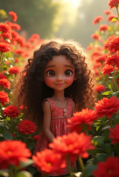 baby girl with long curly hair at red flower garden  
  