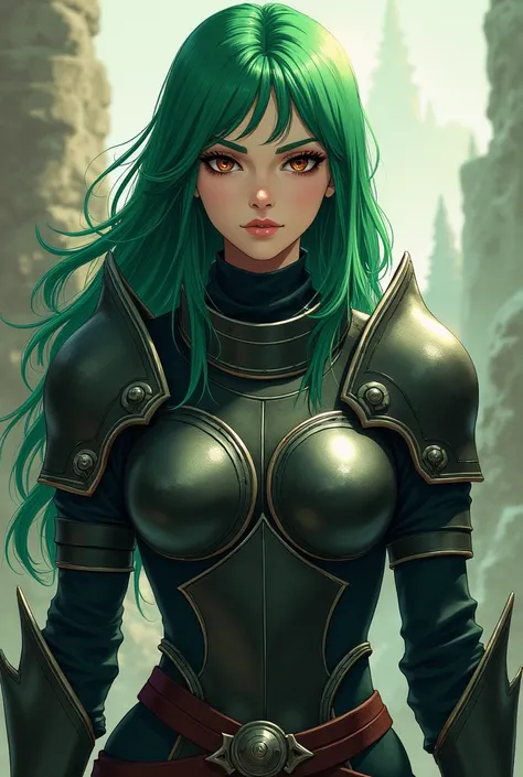 A green-haired woman,  brown eyes , Dark metal armor, medieval, anime art style, impressionism