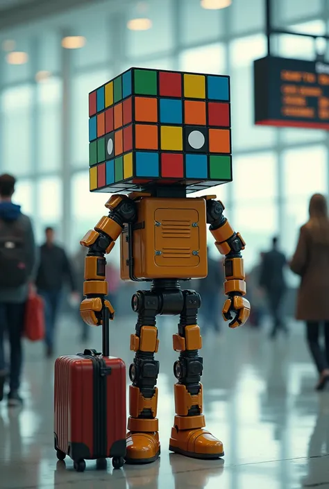 Create a humanoid Rubiks cube arriving at an airport with your suitcase