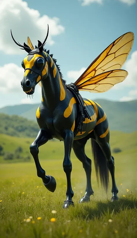 "A horrifying and hyper-realistic hybrid creature combining the features of a horse and a wasp. The hybrid has the muscular body of a horse, covered in patches of black and yellow striped exoskeleton. Its head features large, insect-like eyes, mandibles, a...