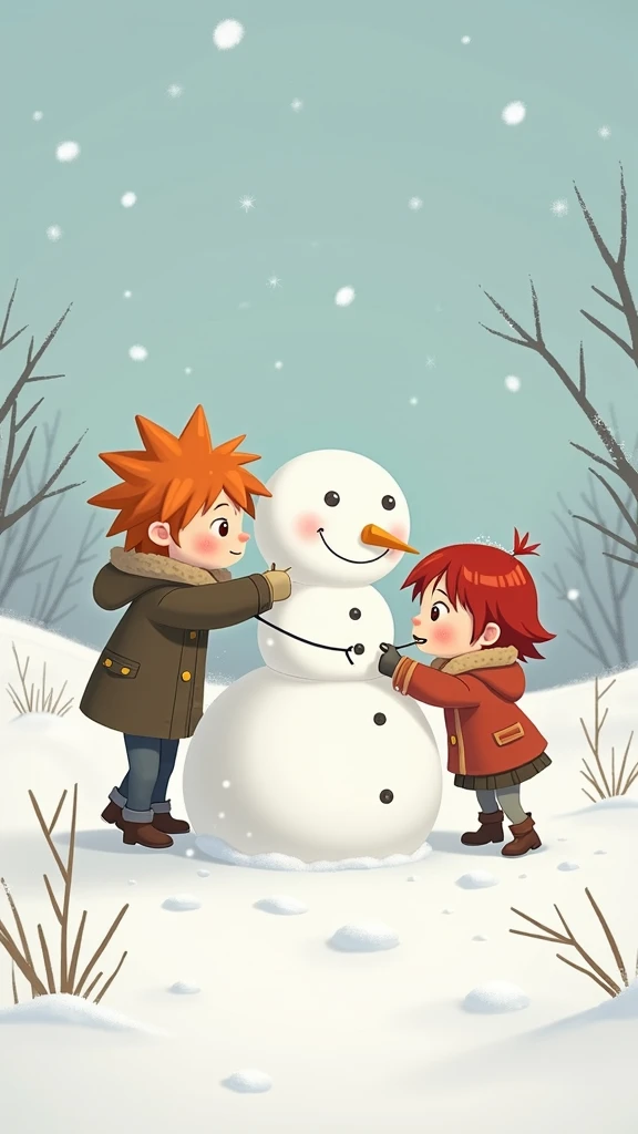 two people,  a castalo with scrambled hair and a red-haired girl with short hair, Playing to make a snowman .