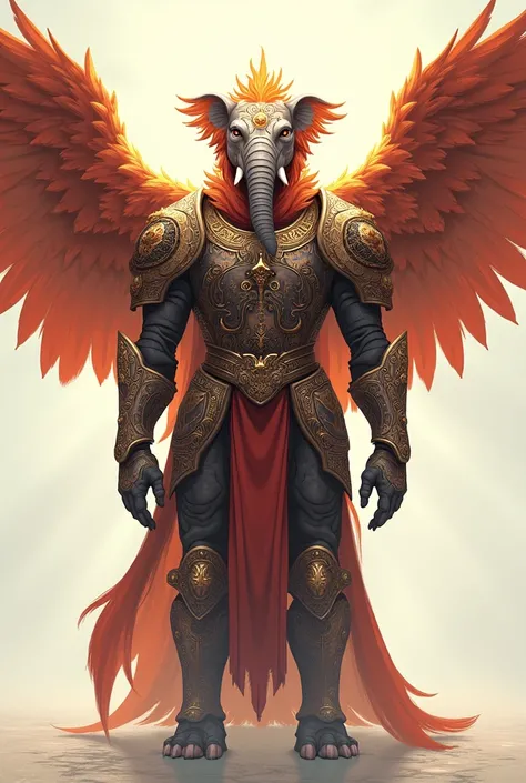 Fusion of a Phoenix plus an elephant ,  humanoid form ,  European sorcerer priest armor, in a white place . anime style image 