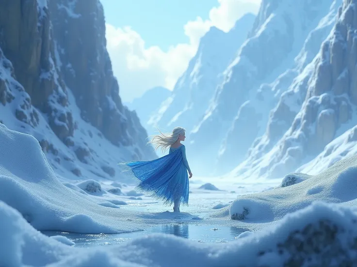 Elsa as a girl in a landscape with an icy storm