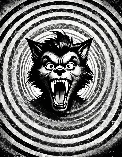 Werewolf, Monochrome, "The Twilight Zone", Hypnotic black and white vintage spiral circle background, queerish, hackneyed, peculiar, strange screen effects. A werewolf that blends into the background, Groovy retro vibes, analog film texture, Vintage Proces...