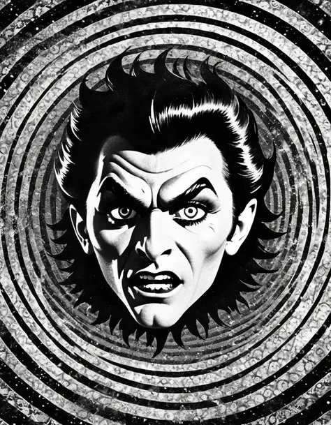 Werewolf, Monochrome, "The Twilight Zone", Hypnotic black and white vintage spiral circle background, queerish, hackneyed, peculiar, strange screen effects. A werewolf that blends into the background, Groovy retro vibes, analog film texture, Vintage Proces...