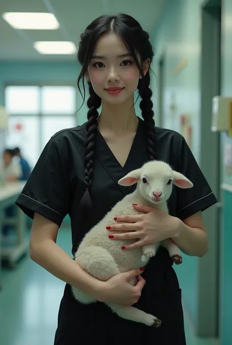 1woman, woman inspired Wednesday Addams, Generate an image of a kindness woman with dark hair with actual braids, black hair, actual twin braids, as a vet, standing, black nurse outfit, with an sheep, pet hospital, holding an lamb, nurse, beautiful, sexy, ...