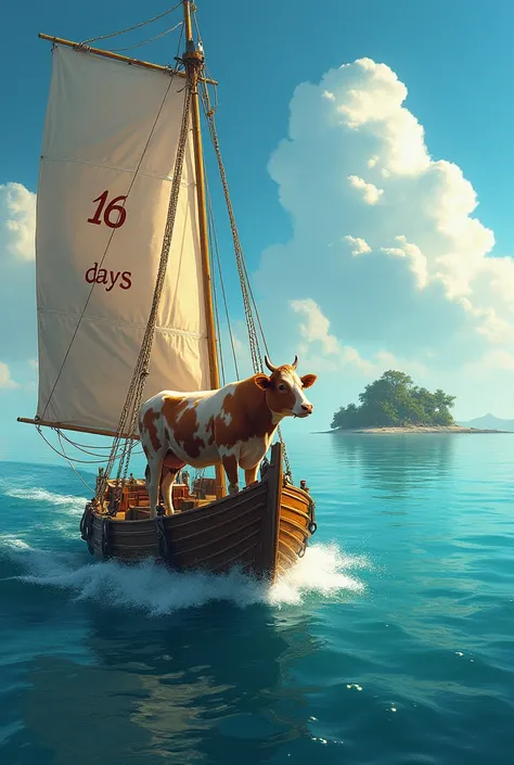  Create a cow sailing on a sailboat towards an island.... With the sails of the boat written :
"16 days"