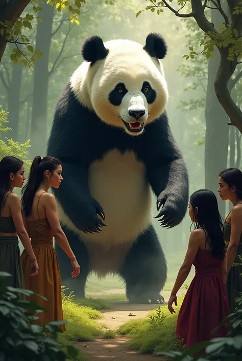 Panda and women face off in the forest 